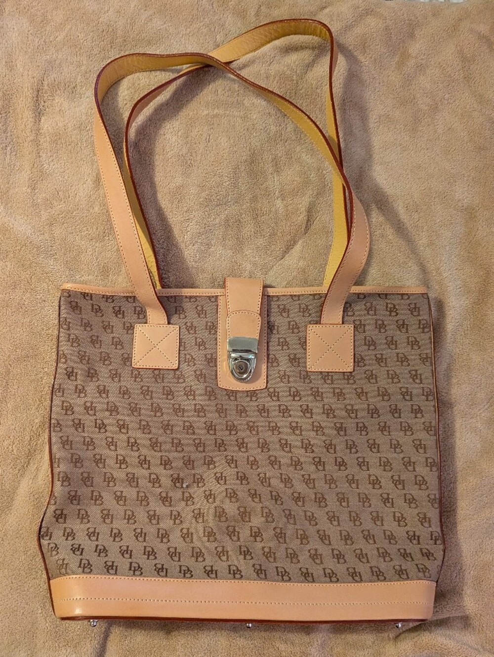 Dooney & Bourke Classic Monogram Canvas Tote Bag in Beige and Tan
